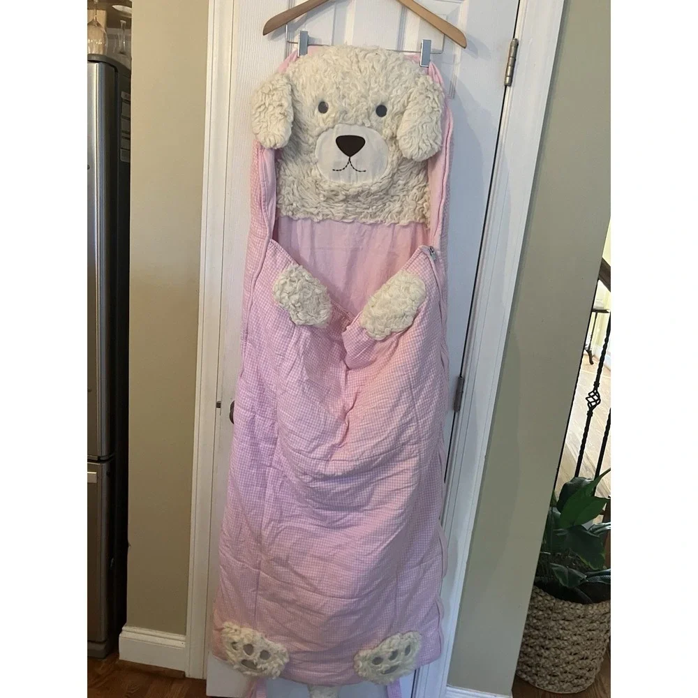 Pottery Barn Kids Shaggy Head Puppy Dog Whimsical Sleeping Bag Pink Gingham
